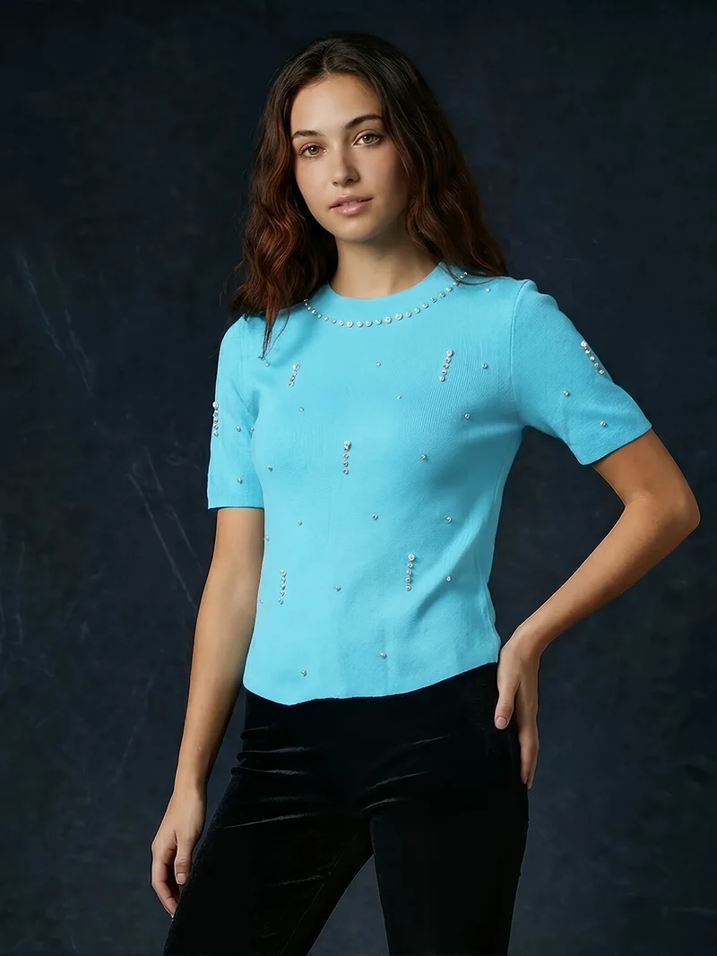 globus Globus Women Blue Round Neck Short Sleeves Pearl Embellished Party Top