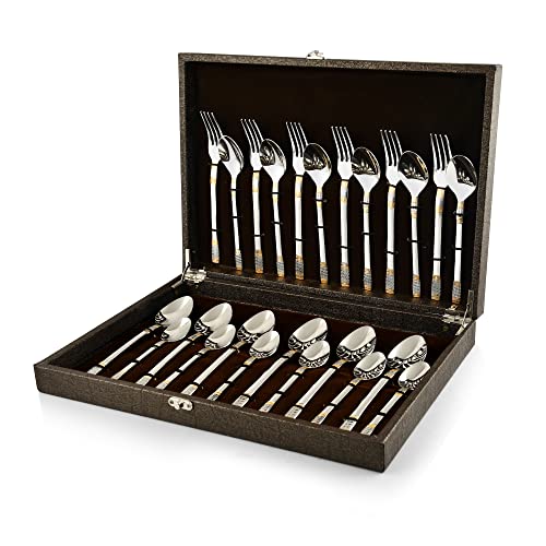 FnS Celebration 24 Karat Gold Plated Stainless Steel 24 Pc Cutlery Set with Leatherette Box (6 Dinner Spoons, 6 Dinner Forks, 6 Baby Spoons, 6 Teaspoons) - Image 1