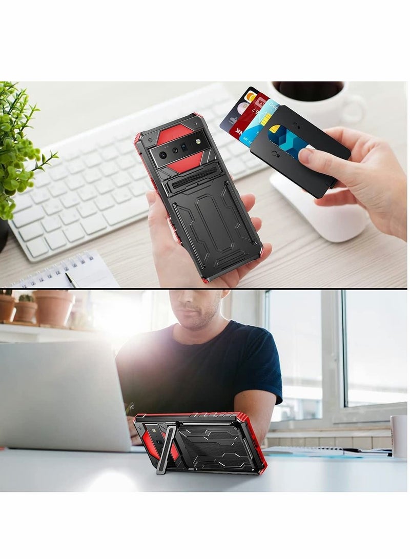 SYOSI Case for Google Pixel 6 Pro 6.7 inch Kickstand Shockproof Cover with Card Holder Soft TPU Protective Defender Bumper Stand Armor Military Grade Protection 6Pro Red  - Image 2