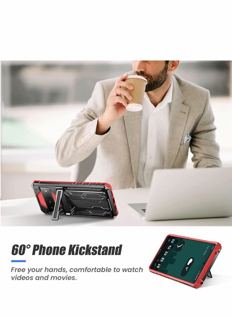 SYOSI Case for Google Pixel 6 Pro 6.7 inch Kickstand Shockproof Cover with Card Holder Soft TPU Protective Defender Bumper Stand Armor Military Grade Protection 6Pro Red  - Image 3