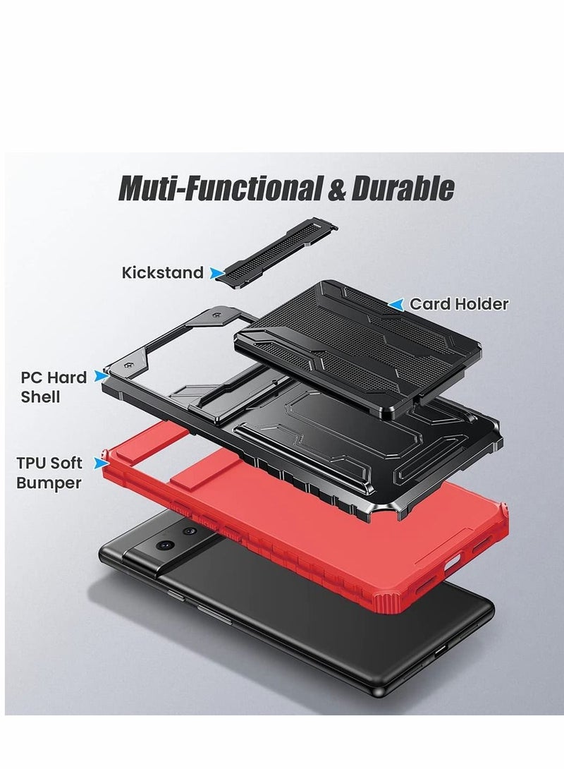 SYOSI Case for Google Pixel 6 Pro 6.7 inch Kickstand Shockproof Cover with Card Holder Soft TPU Protective Defender Bumper Stand Armor Military Grade Protection 6Pro Red  - Image 4