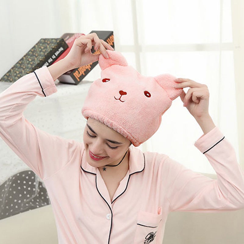 Generic Cartoon Embroidered Bear Thick Coral Fleece Hair Drying Cap Pink 