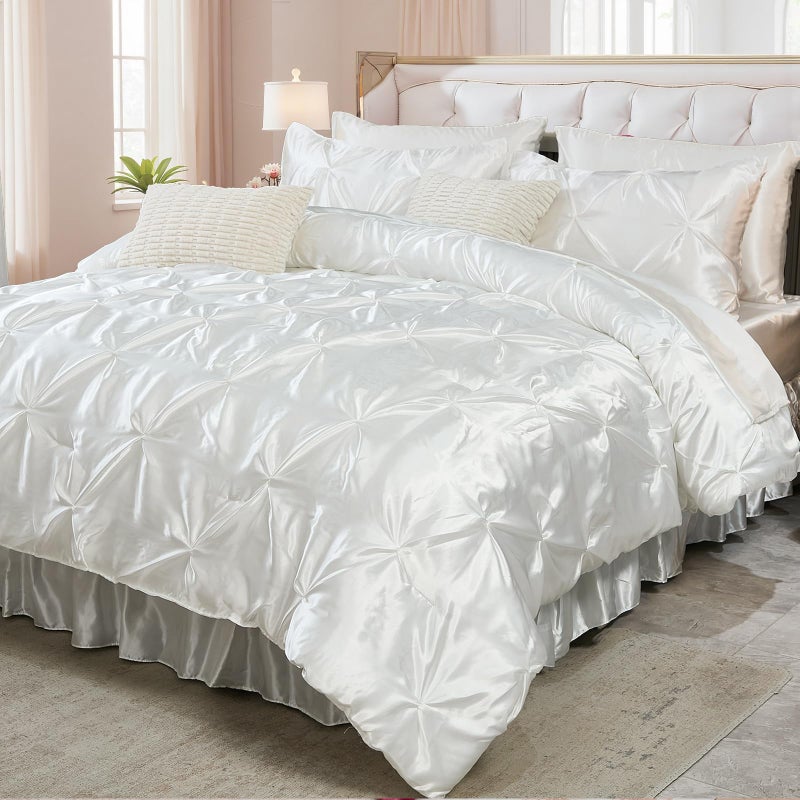 Bedbay White Satin Queen Comforter Set with SheetsPinch Pleat Bedding Set Room Decor AestheticQueen Bed in a Bag SetSilk Like Satin Bed SheetsSoft Silky Luxury Comforter Satin Bed Set 10 Pcs