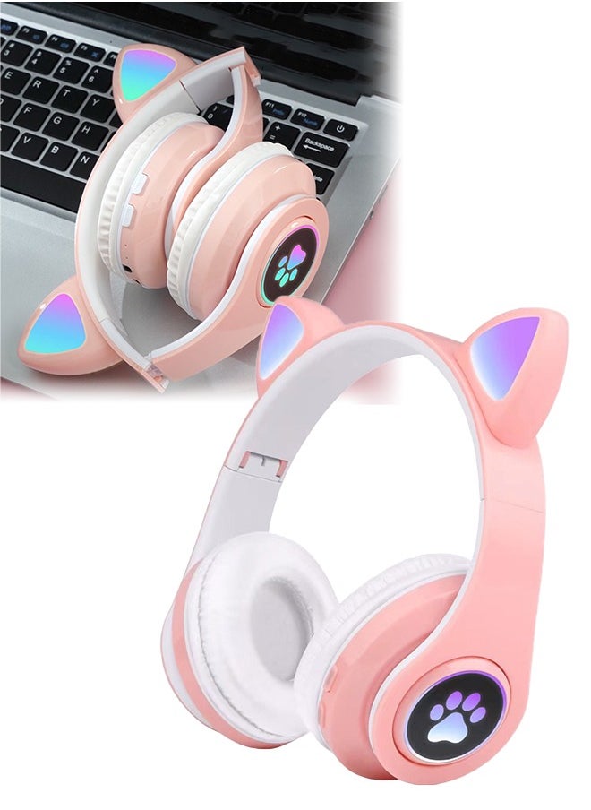 Generic Cat Ear Headphones, Over-Ear Gaming Headphone with Microphone, Foldable Comfortable, Adjustable Wireless/Wire Over Ear Headset for Girls, Teenagers, Adults, Gaming - Pink  - Image 1