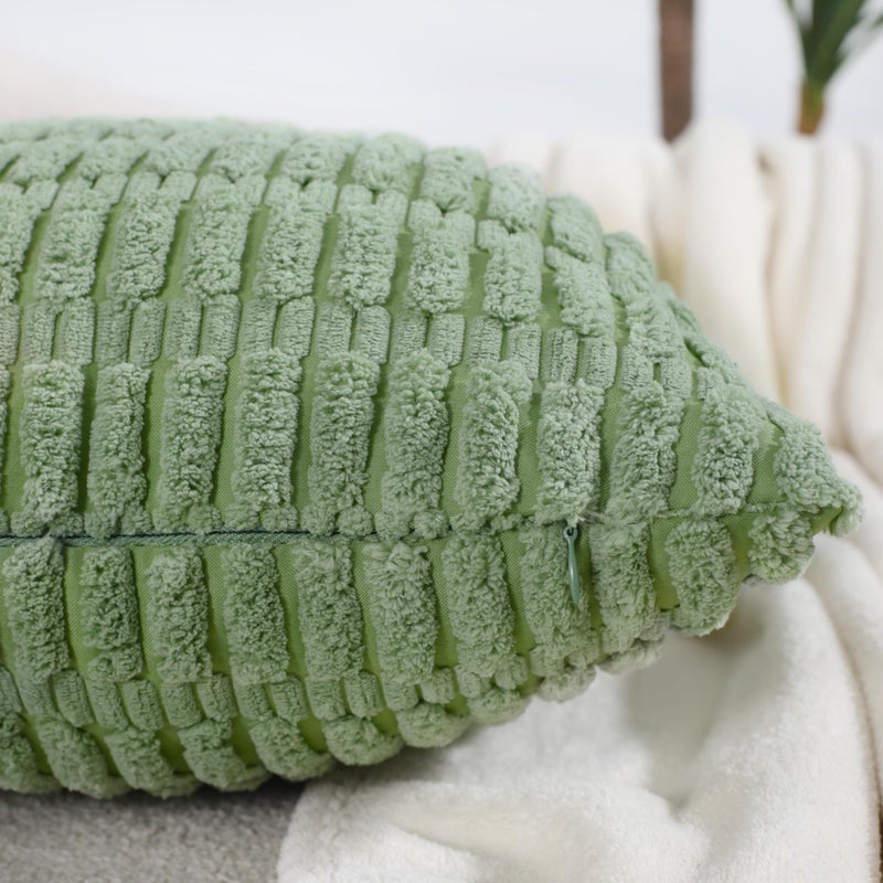 All Smiles Decorative Sage Green Throw Pillow Covers 20x20 Set of 4 Farmhouse Rustic Boho Home Decor Soft Plush Striped Corduroy Square Cushion Case for Living Room Couch Bed Sofa - Image 3