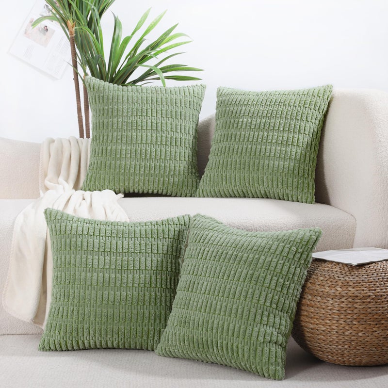 All Smiles Decorative Sage Green Throw Pillow Covers 20x20 Set of 4 Farmhouse Rustic Boho Home Decor Soft Plush Striped Corduroy Square Cushion Case for Living Room Couch Bed Sofa - Image 1