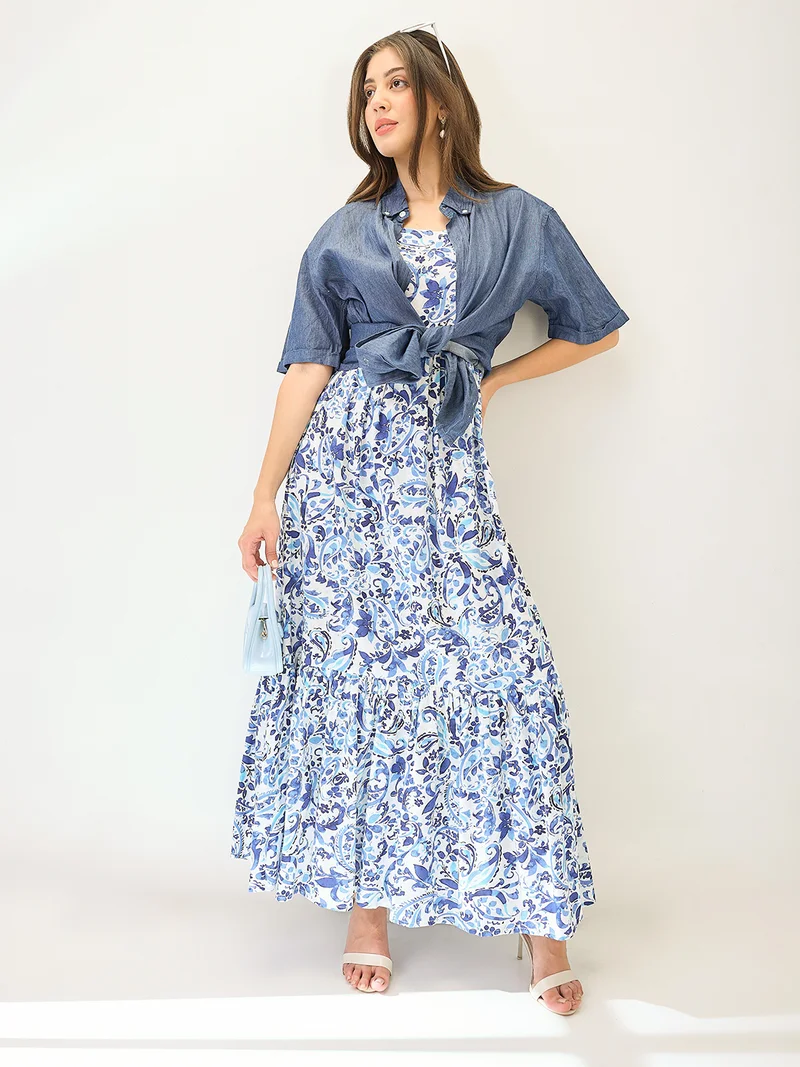 globus Women Paisley Printed V-Neck Strappy Sleeves Tiered Fit & Flare Maxi Dress