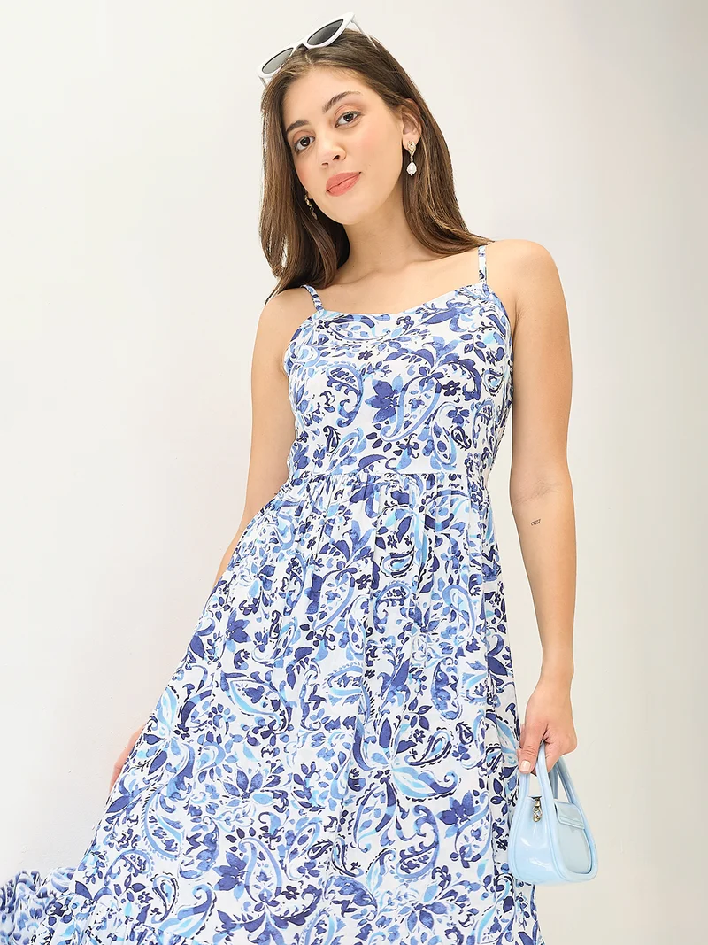 globus Women Paisley Printed V-Neck Strappy Sleeves Tiered Fit & Flare Maxi Dress