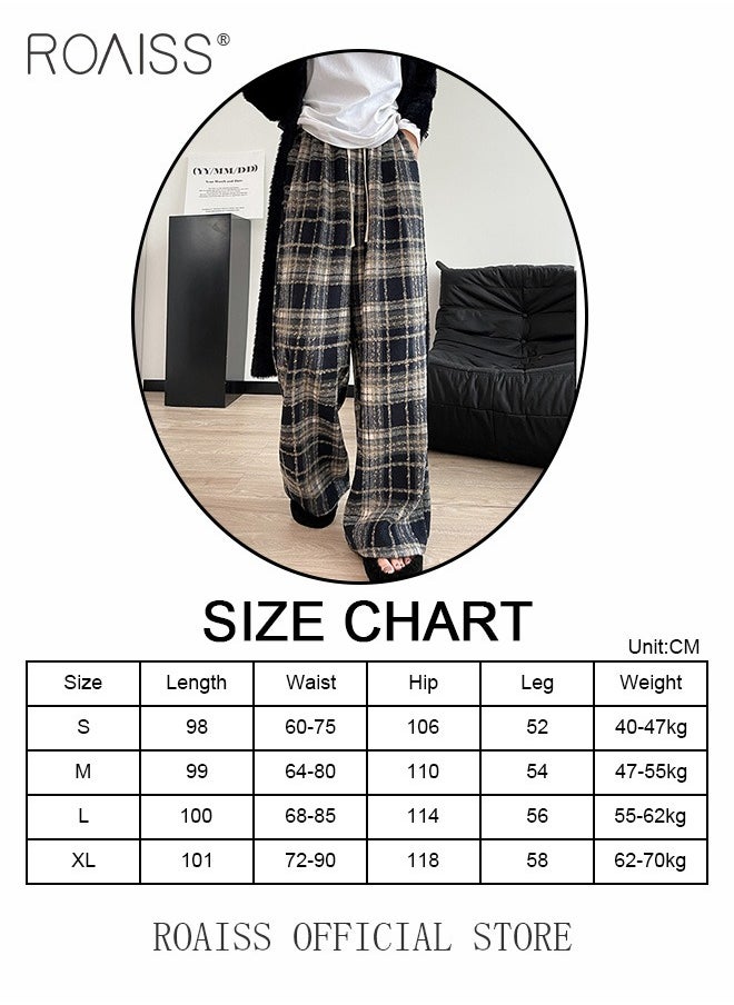 roaiss Women Loose Fit Wide Leg Pants Women Casual Straight Leg Trousers Skin Friendly Fabric Checkered Pattern Soft Comfortable Flattering for All Body Types Suitable for both Home and Outdoor Wear  - Image 2