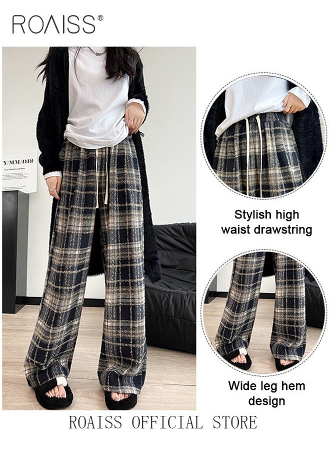 roaiss Women Loose Fit Wide Leg Pants Women Casual Straight Leg Trousers Skin Friendly Fabric Checkered Pattern Soft Comfortable Flattering for All Body Types Suitable for both Home and Outdoor Wear  - Image 4