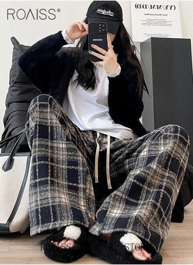 roaiss Women Loose Fit Wide Leg Pants Women Casual Straight Leg Trousers Skin Friendly Fabric Checkered Pattern Soft Comfortable Flattering for All Body Types Suitable for both Home and Outdoor Wear  - Image 1
