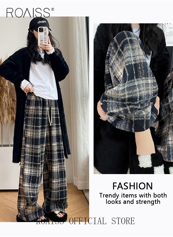 roaiss Women Loose Fit Wide Leg Pants Women Casual Straight Leg Trousers Skin Friendly Fabric Checkered Pattern Soft Comfortable Flattering for All Body Types Suitable for both Home and Outdoor Wear  - Image 3