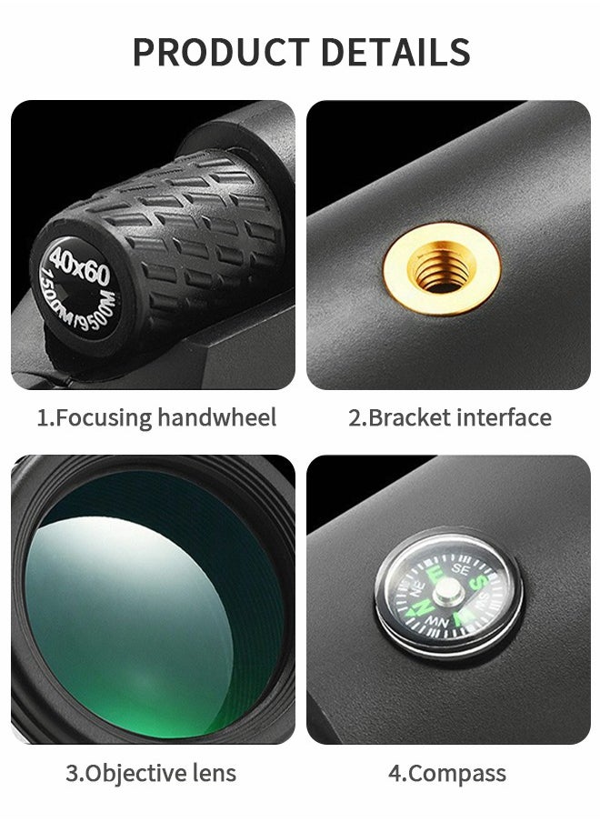 GROIC Monocular, 40×60 HD Telescope, Monocular with Smartphone Holder and Tripod, Night Vision Telescope with Compass and Telescopic Tripod, Travel Accessories, Camping Gear  - Image 4