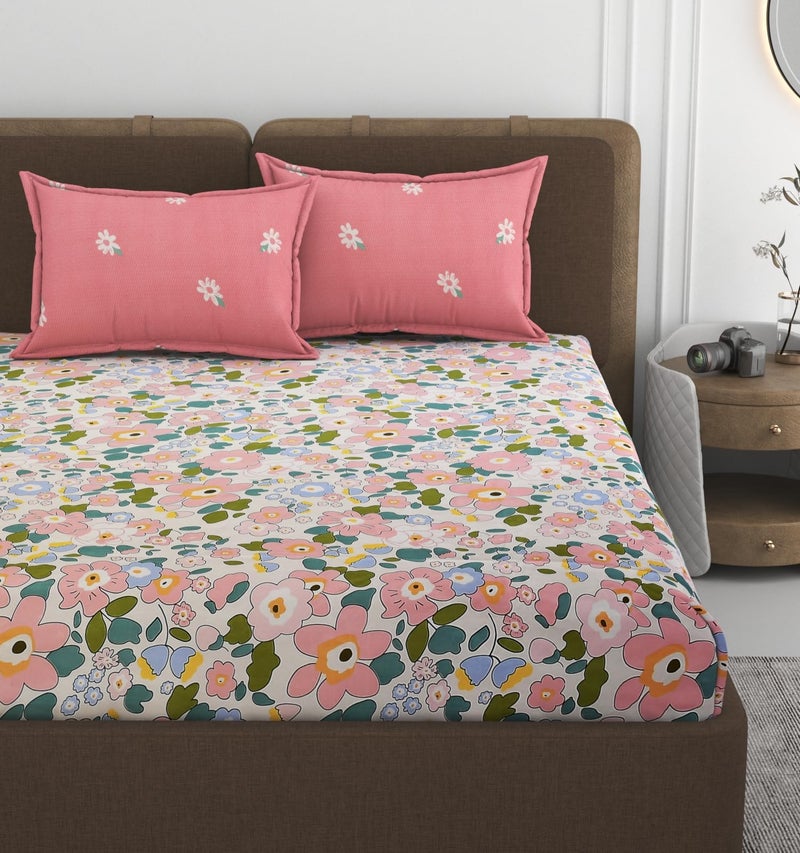 VOMZER 320 TC Cotton Feel All Around Elastic Fitted Bedsheets King Size, Premium Fitted Bedsheets King Size for Double Bed with 2 Pillow Covers, Size- 78” x 60” x 10" Pink - Image 2