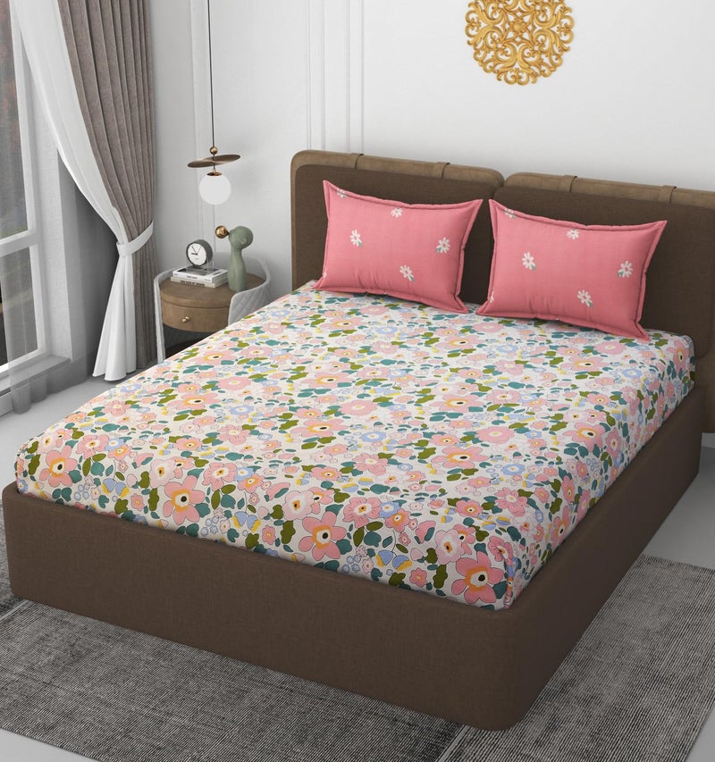 VOMZER 320 TC Cotton Feel All Around Elastic Fitted Bedsheets King Size, Premium Fitted Bedsheets King Size for Double Bed with 2 Pillow Covers, Size- 78” x 60” x 10" Pink - Image 1
