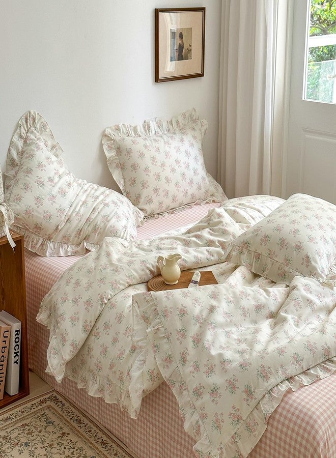 MKXI Floral Duvet Cover Set for Girls 100% Cotton Ruffled Bedding with Pink Blossom Pattern Full Size Sweet Cottagecore Aesthetic Comforter Cover for Teens & Women - Image 1