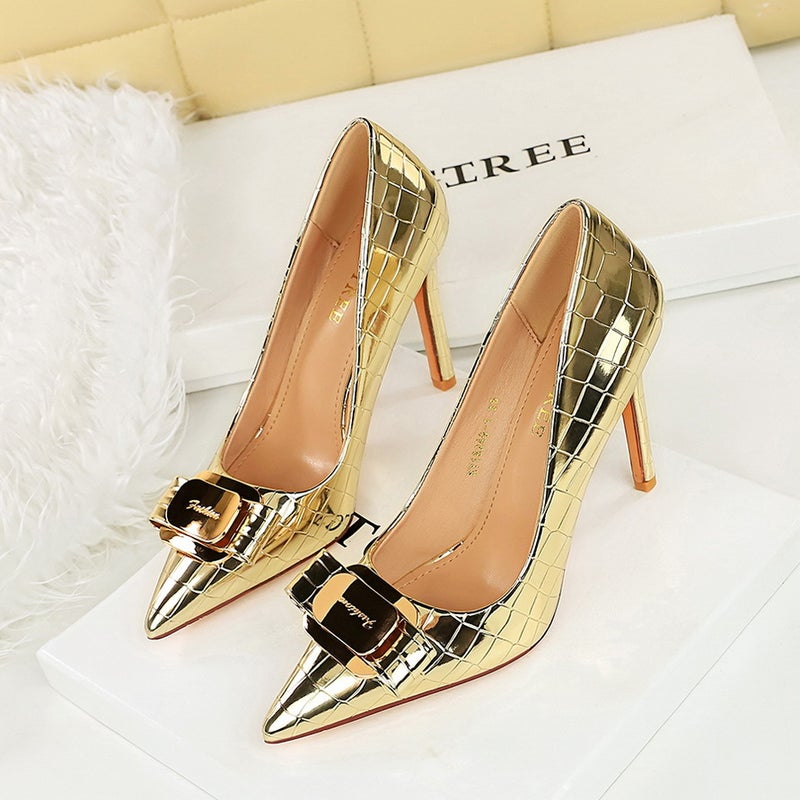 18249-K91 Style Banquet Super High-Heeled Women'S Flats Patent Leather Metal Bow Stitching Stiletto High Heels - Image 5