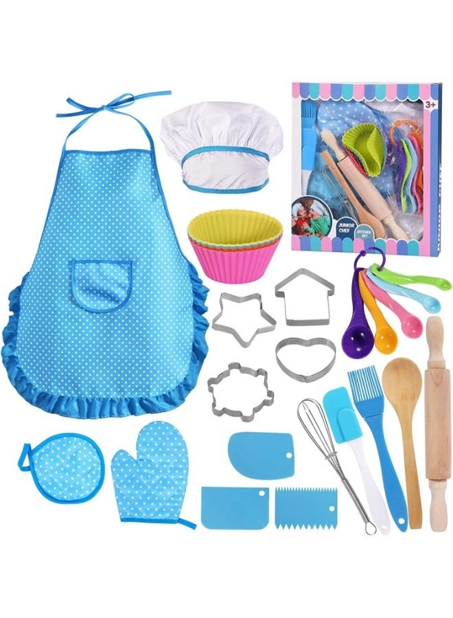 Kids Cooking Apron Set, 25 Pcs Gifts for 3-6 Year Old Chef Role Play Includes Apron, Chef Hat, Cooking Mitt, Utensils, Festival Toys (BLUE) - Image 1