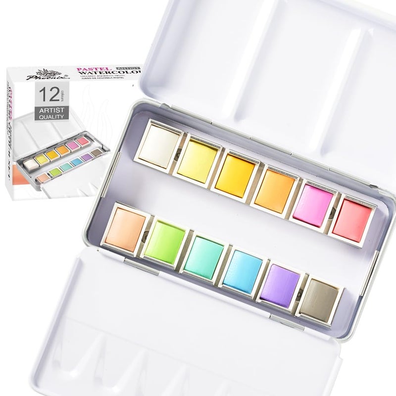 PHOENIX Pastel Watercolor Paint Set 12 Half Pan Soft Muted Colors Artist Grade Palette Watercolor Travel Set Gift for Water Color Painter