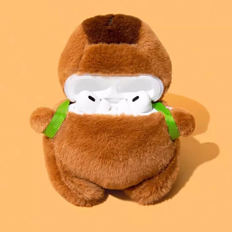 QoKcoahn Cute Cartoon Plush Case for AirPods 2nd 1st Generation Case,3D Kawaii Fluffy Turtle Capybara Soft Silicone Cover with Keychain Cool Funny Boys Girls Women for AirPods 1&2 - Image 2
