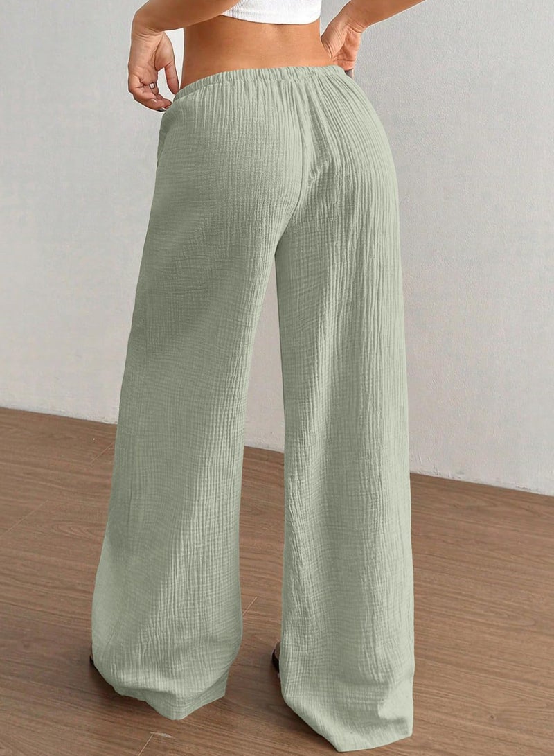 Acelitt Womenâ€™s Wide Leg Palazzo Pants Drawstring Elastic Waist Casual Loose Lounge Pants Beach Trousers Teacher Outfits Fall Clothes Green Medium - Image 3