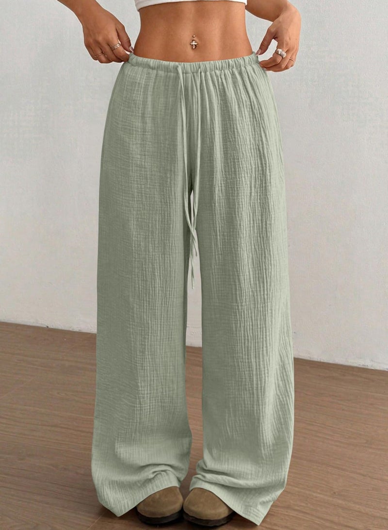 Acelitt Womenâ€™s Wide Leg Palazzo Pants Drawstring Elastic Waist Casual Loose Lounge Pants Beach Trousers Teacher Outfits Fall Clothes Green Medium - Image 4