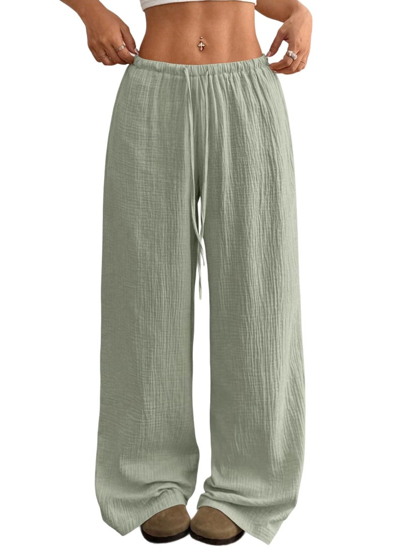 Acelitt Womenâ€™s Wide Leg Palazzo Pants Drawstring Elastic Waist Casual Loose Lounge Pants Beach Trousers Teacher Outfits Fall Clothes Green Medium - Image 1