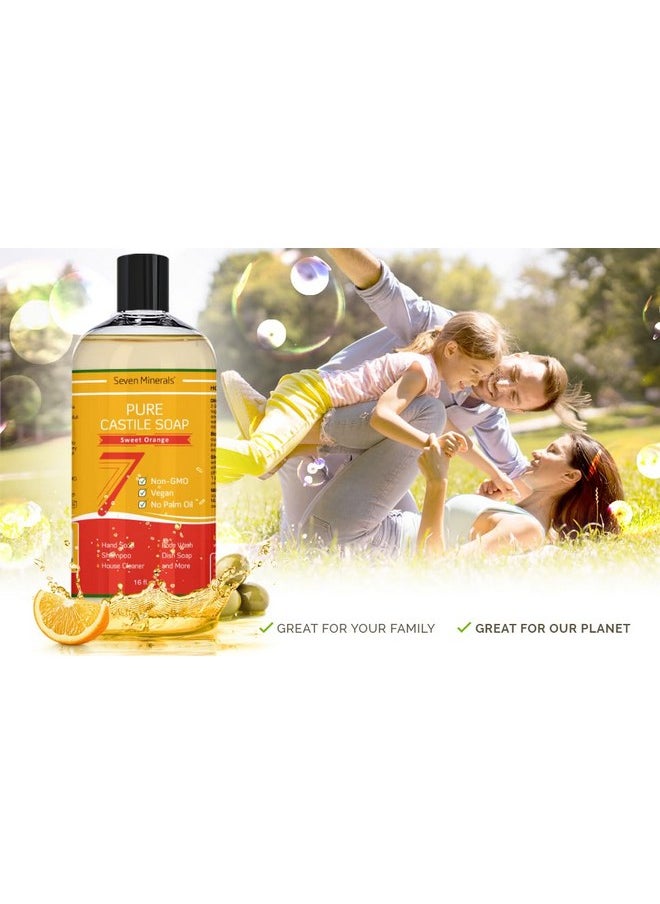 Seven Minerals Pure Castile Soap, Sweet Orange - No Palm Oil, Gmo-Free - Gentle Liquid Soap For Sensitive Skin & Baby Wash - All Natural Vegan Formula With Organic Carrier Oils  - Image 2