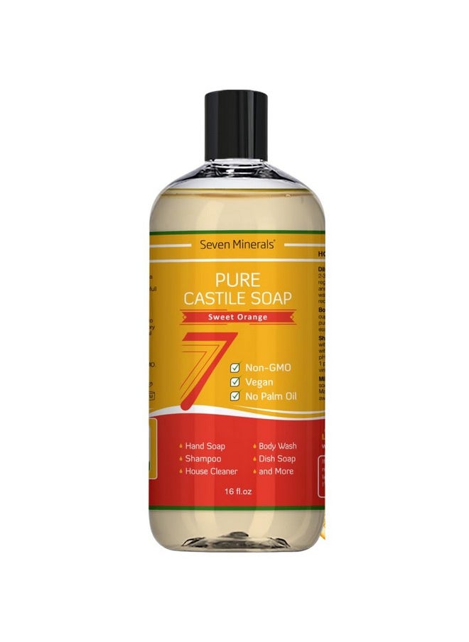 Seven Minerals Pure Castile Soap, Sweet Orange - No Palm Oil, Gmo-Free - Gentle Liquid Soap For Sensitive Skin & Baby Wash - All Natural Vegan Formula With Organic Carrier Oils  - Image 1