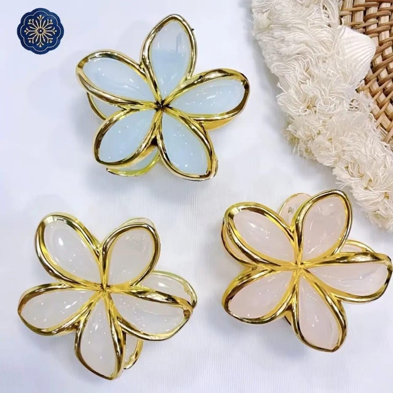 Sky Shine 6 Pcs Elegant Multicolor Flower Hair Clips for Women & Girls | Gold-Rimmed Plumeria Design | Pastel Hair Accessories - Image 3