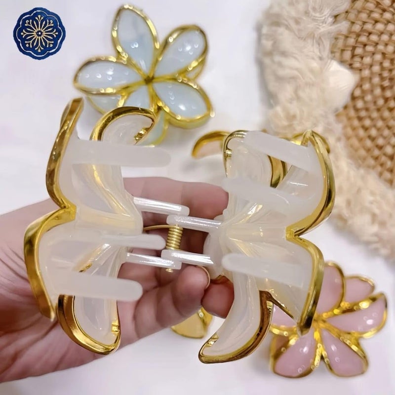 Sky Shine 6 Pcs Elegant Multicolor Flower Hair Clips for Women & Girls | Gold-Rimmed Plumeria Design | Pastel Hair Accessories - Image 2
