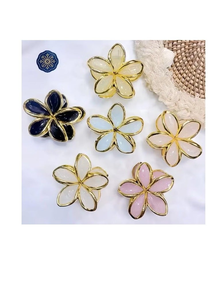 Sky Shine 6 Pcs Elegant Multicolor Flower Hair Clips for Women & Girls | Gold-Rimmed Plumeria Design | Pastel Hair Accessories - Image 1