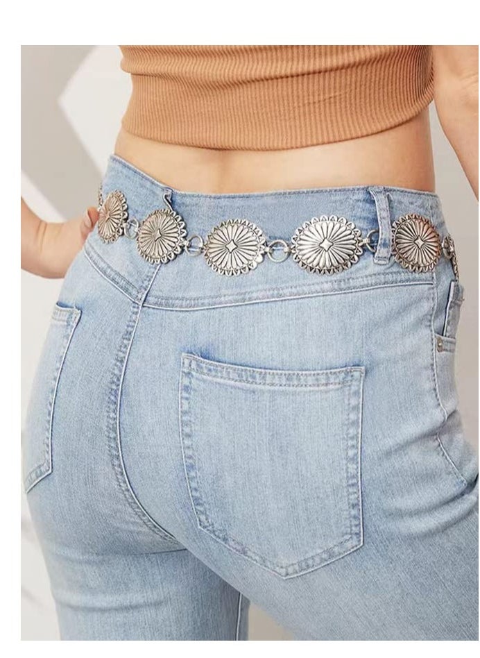 Excefore - Metal Waist Chain Belts, Adjustable Punk Chain, Metal Chain Belt for Women Waist chains for Dresses Jeans Western Cowgirl, Silver - Image 1