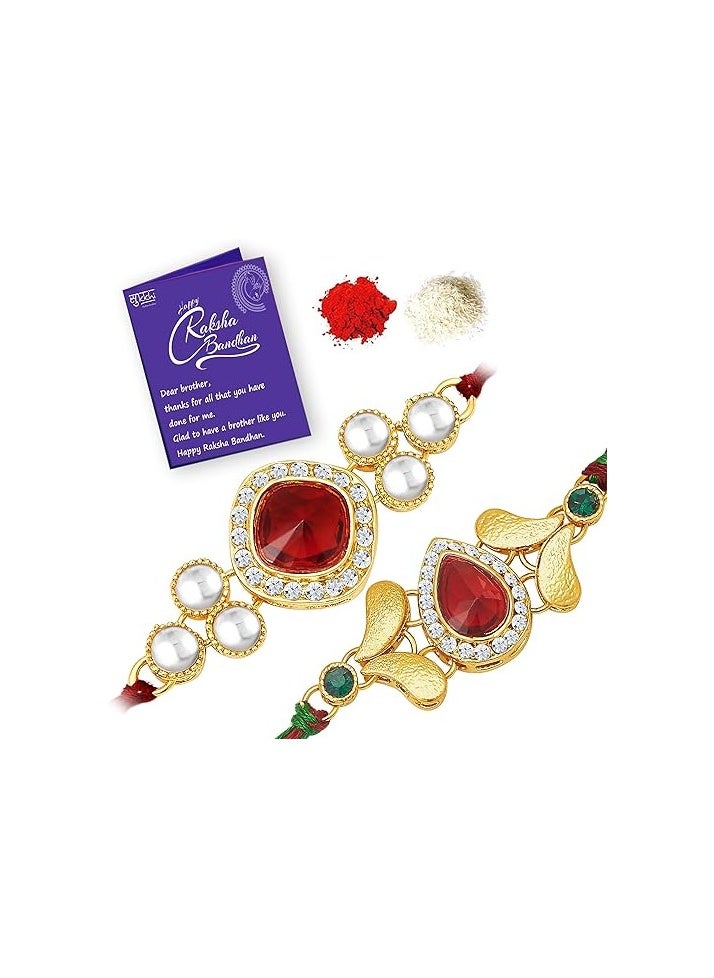 Sukkhi Sukkhi Rakhi Charming Kundan Rakhi Combo and Designer Gold Plated Premium Rakhi for Brother, Roli Chawal and Greeting Card Rakhi for Bhaiya Rakhi for MEN Kundan Rakhi|  - Image 1