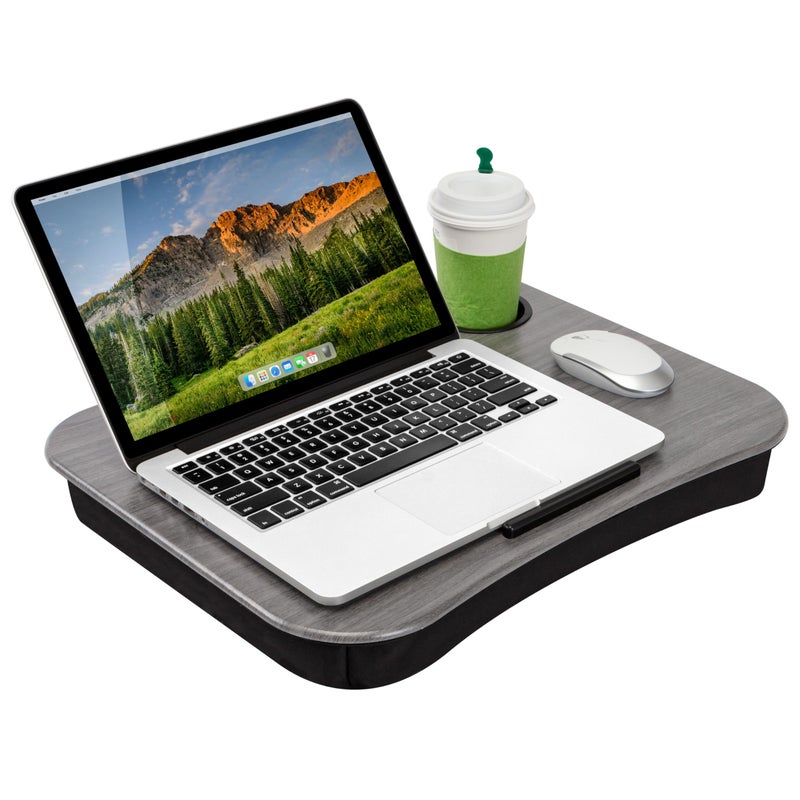 LAPGEAR Cup Holder Lap Desk with Device Ledge Gray Woodgrain Fits up to 14 Inch Laptops Style No 46325