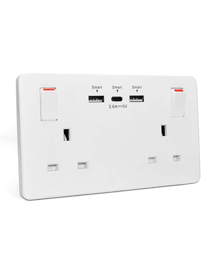 promass Wall Outlets Socket Double Switched with 2 USB A and 1 Type C Fast Charging,13 Amp 2 Gang White Electric Socket - Image 1