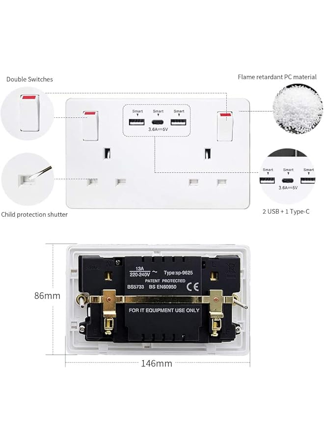 promass Wall Outlets Socket Double Switched with 2 USB A and 1 Type C Fast Charging,13 Amp 2 Gang White Electric Socket - Image 2
