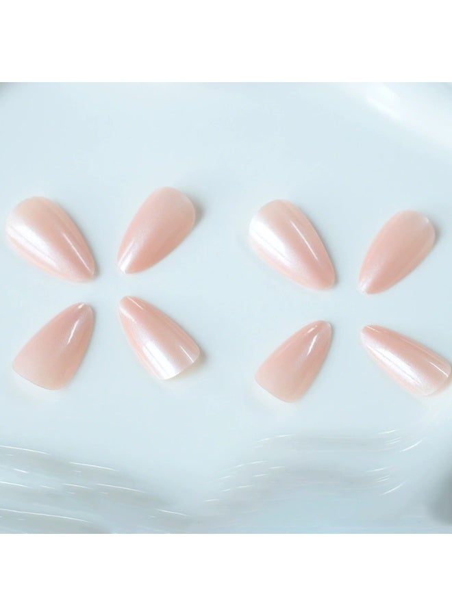 Goolsky Premium Long Almond Press-on Nails with Pink Pearl Shimmer for Soft Dreamy Elegance - Image 3