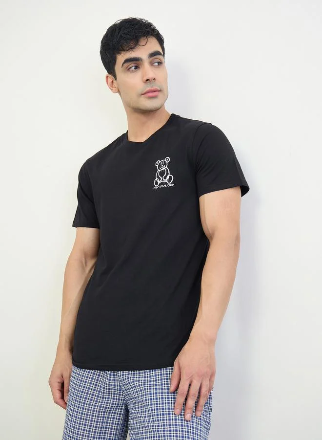 Styli Men Printed Cotton T-Shirt and Checked Shorts Set