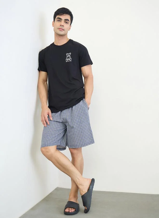 Styli  Men Printed Cotton T-Shirt and Checked Shorts Set for Men | Best Price UAE