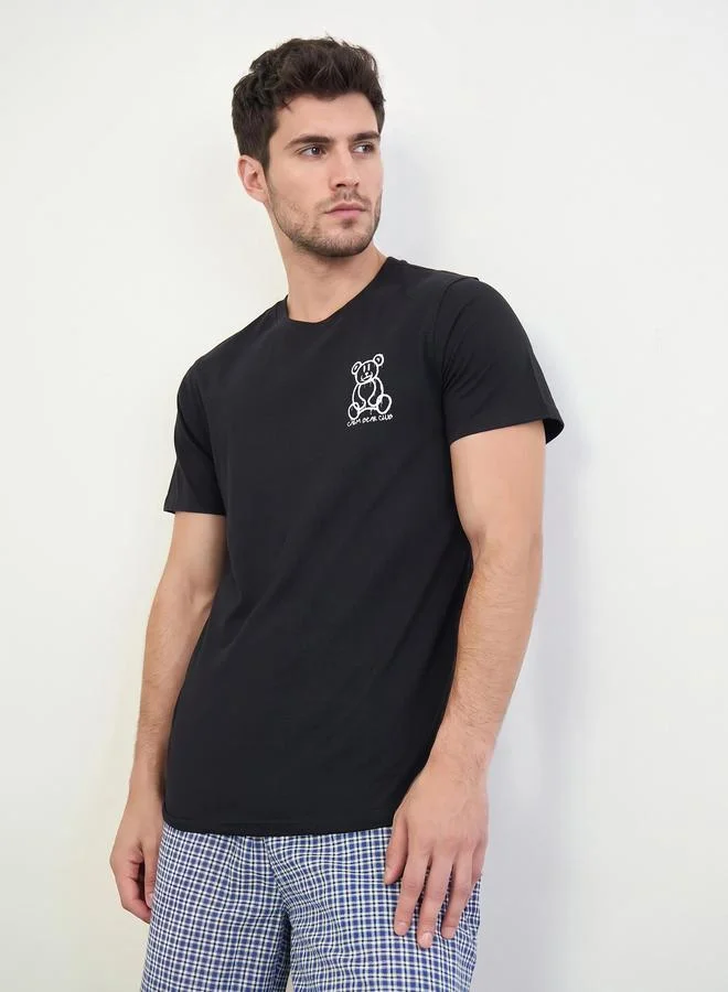 Men Printed Cotton T-Shirt and Checked Shorts Set