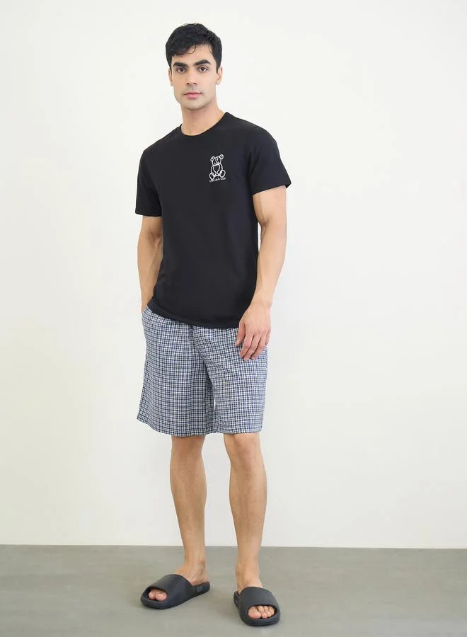 Styli  Men Printed Cotton T-Shirt and Checked Shorts Set for Men | Best Price UAE