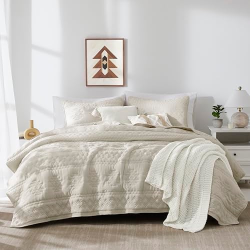 WDCOZY Beige Boho Oversized California Cal King Size Quilt Bedding Set with 2 Pillow Shams, Farmhouse Lightweight Soft Bedspread Coverlet for All Season, 3 Pieces - Image 1