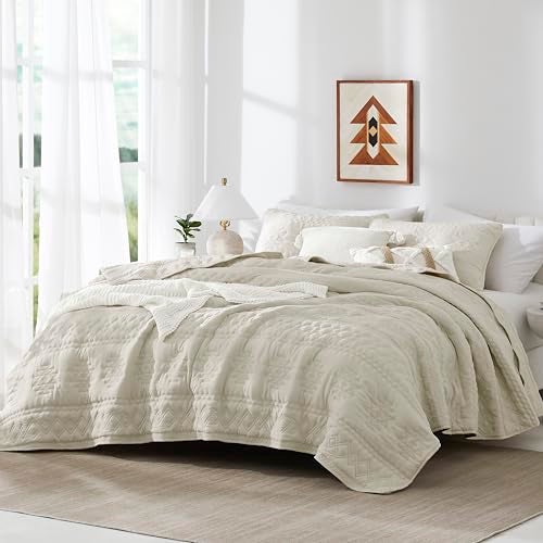 WDCOZY Beige Boho Oversized California Cal King Size Quilt Bedding Set with 2 Pillow Shams, Farmhouse Lightweight Soft Bedspread Coverlet for All Season, 3 Pieces - Image 2