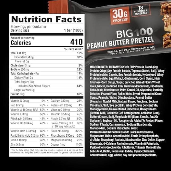 MET-Rx Big 100 Colossal Protein Bars, Great as Healthy Meal Replacement, Snack, and Help Support Energy, Peanut Butter Pretzel, With Vitamin A, Vitamin C, and Zinc, 100 g, (Pack of 9) - Image 5