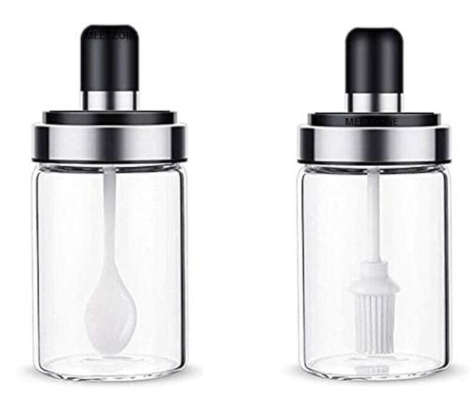 PREMIUM KITCHEN HIGH BOROSILICATE GLASS SPICE BOX JAR WITH SPOON AND LID DESIGN COMBO 250 ML MULTICOLOR