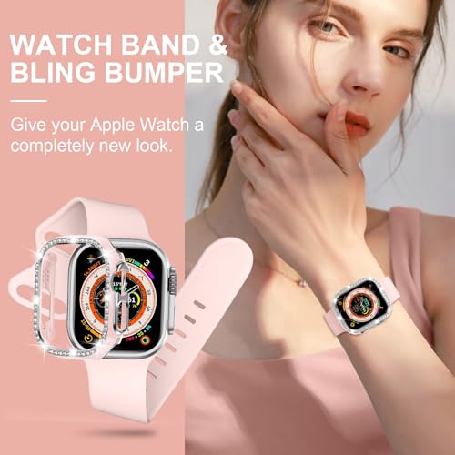 XYF Compatible for Pink Apple Watch Ultra 3 Bands 49mm Women with Bumper Case, Soft Silicone Strap Glitter Bling Face Cover for iWatch SE Ultra 3 2 Series 11 10 9 8 7 6 5 4 3 2 1 (Pinksand, 49) - Image 5