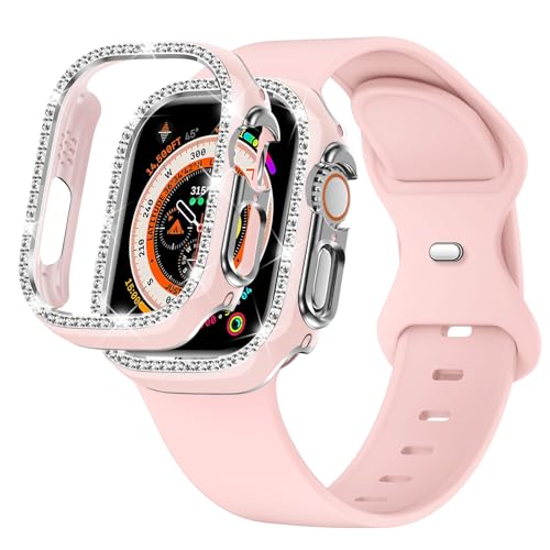 XYF Compatible for Pink Apple Watch Ultra 3 Bands 49mm Women with Bumper Case, Soft Silicone Strap Glitter Bling Face Cover for iWatch SE Ultra 3 2 Series 11 10 9 8 7 6 5 4 3 2 1 (Pinksand, 49) - Image 1
