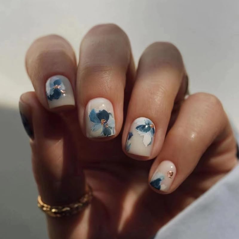 24pcs Short Square False Nails Blue Flower Stickon Gold Foil Presson Removable Glueon Full Cover Fake Nail Art Accessories for Women Brides