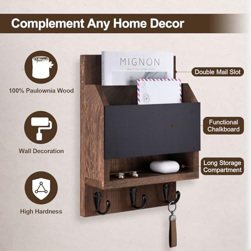 Lucundm Key and Mail Holder for Wall, Key Holder with Chalkboard and Long Storage Box, Key Hanger with 3 Sturdy Hooks for Coat, Dog Leash, Entryway Mail Organizer (Brown) - Image 3